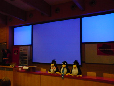 tři velcí plyšoví tučňáci